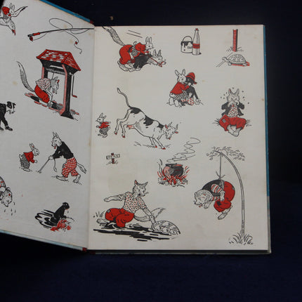 Illustrated pages from a book with various animal characters in different poses.