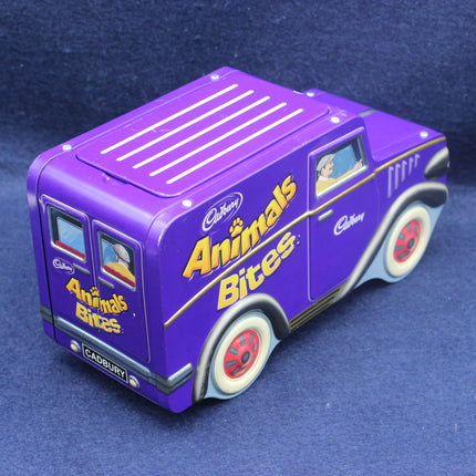 Purple toy truck with Cadbury Animals Bites branding on a blue background