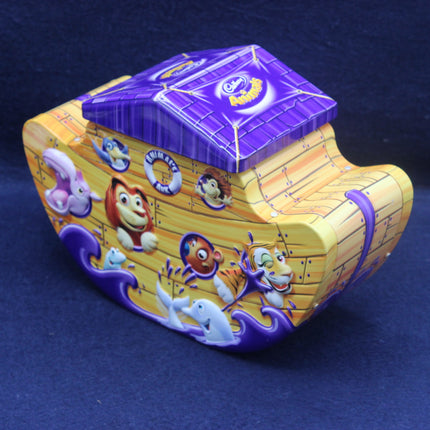 Colorful toy box with cartoon characters on a dark blue background