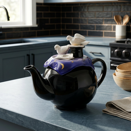 A glossy black ceramic teapot with a purple lid cover featuring a gold crescent moon and stars, topped with two white ceramic doves, shown on a blue-gray kitchen countertop.