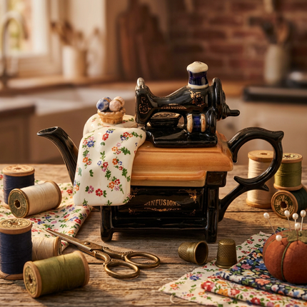 A decorative ceramic sewing machine teapot sits on a wooden table surrounded by sewing-themed props including fabric spools, scissors, thimbles, floral cloths, and pins, with a softly blurred warm indoor background.