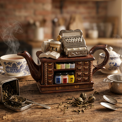 A decorative ceramic teapot shaped like a vintage tea cabinet, styled on a rustic wooden table with a blue-and-white teacup, tea leaves, spoons, and a blurred kitchen background.