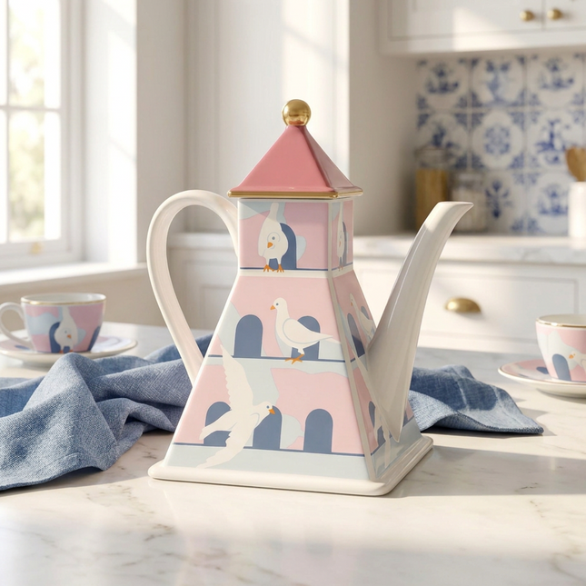 A pastel pink and blue ceramic teapot with seagull illustrations sits on a marble countertop in a bright kitchen setting, surrounded by matching teacups and a blue cloth.