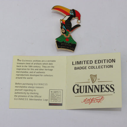 Guinness limited edition badge collection with a colorful toucan design on a white background