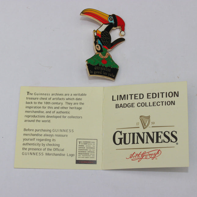 Guinness limited edition badge collection with a colorful toucan design on a white background