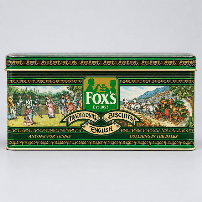 A vintage rectangular tin of Traditional English Biscuits with ornate green and gold detailing and illustrated scenes on the front, photographed against a bright green background.