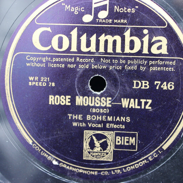Columbia record label with 'Rose Mousse Waltz' and 'The Bohemians' text on a purple background