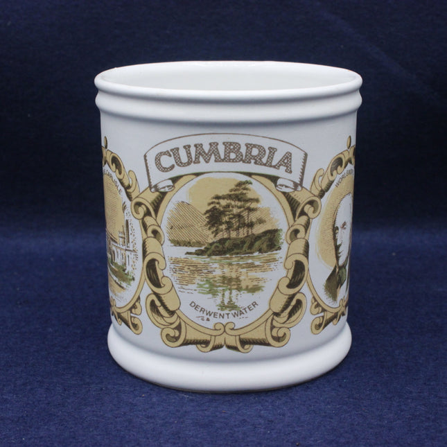 White mug with 'Cumbria' and 'Derwent water' design on a blue background