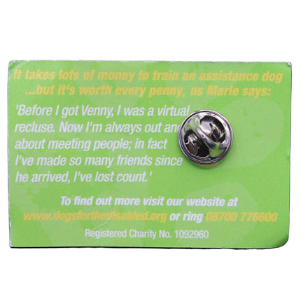 Green pin with text and a metal pin on a dark blue background