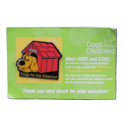 Green card with 'Dogs for the Disabled' logo and text on a dark blue background