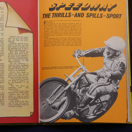Vintage-style advertisement with a motorcycle rider on an orange background