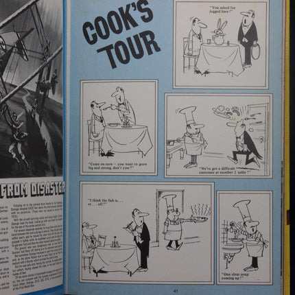 Comic strip titled 'Cook's Tour' with various cartoon characters and scenarios on a blue background.