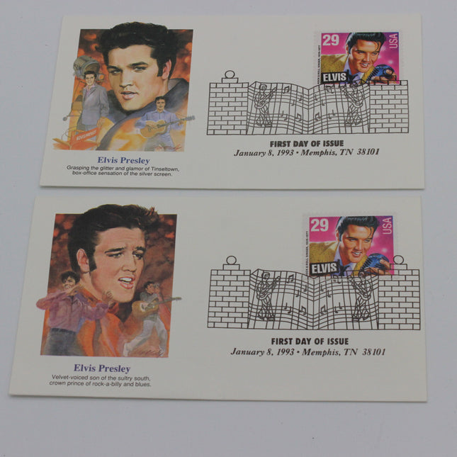 Two Elvis Presley first-day-of-issue postage stamps on white cardstock, each showing a portrait, a 29-cent stamp, and a brick-wall cancellation mark with issue date and location.