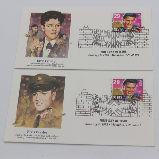 Two Elvis Presley first-day-of-issue postage stamp sheets on a white background, each showing a portrait, a 29-cent stamp, and a brick-wall cancellation mark with issue date and location text.