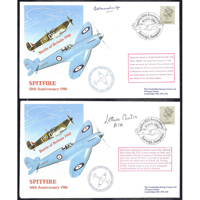 Two commemorative airmail covers celebrating the 50th Anniversary of the Battle of Britain (1960-1966), featuring illustrations of a Spitfire and a Hurricane Mk I. The covers include official postmarks, a handwritten signature, and a red printed commemorative text box.