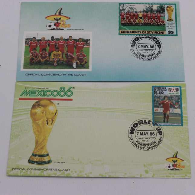 Two commemorative first-day covers celebrating the 1986 World Cup in Mexico, featuring the World Cup trophy, team photos, stamps, and postmarks.
