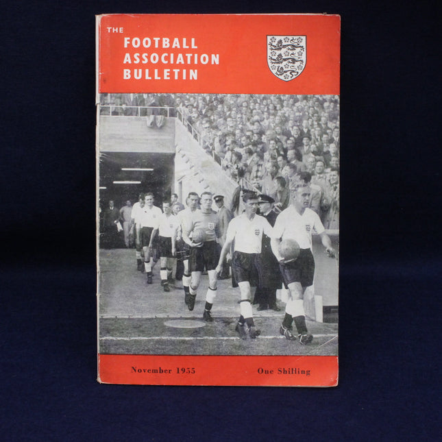 Football Association Bulletin cover from November 1955 with a black and white photo of footballers.