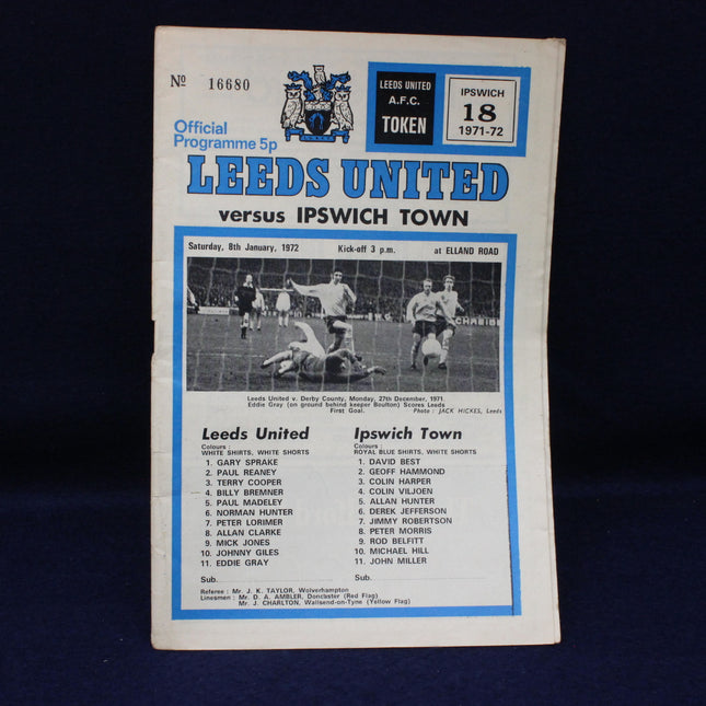 Football match programme for Leeds United vs Ipswich Town in 1971-72 season