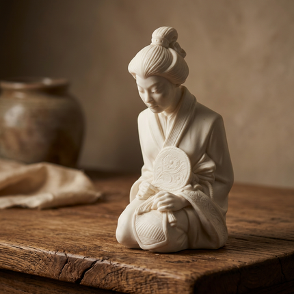 A small off-white Geisha Figurine of a seated woman holding a round fan, placed on a rustic wooden surface with a softly blurred brown background and a ceramic vessel behind it.