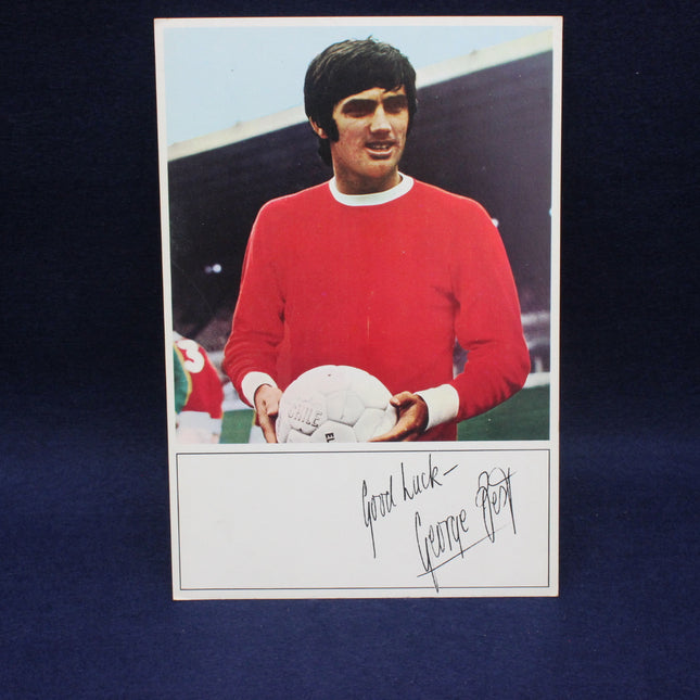 Vintage sports card of a player in a red jersey holding a ball, with a signature on a blue background.