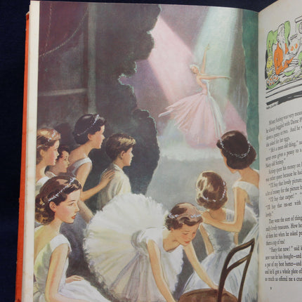 Illustration from a book showing ballerinas in a ballet performance with a young girl looking up at them.