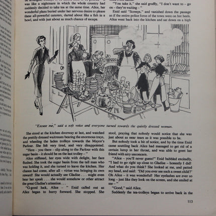 Illustration from a book showing a kitchen scene with people and a table full of dishes.