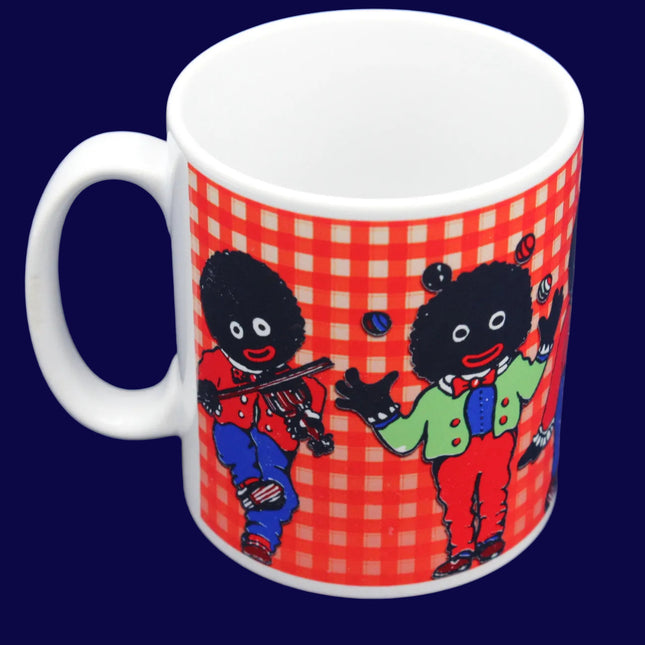 Mug with Golliwog characters on a red checkered background