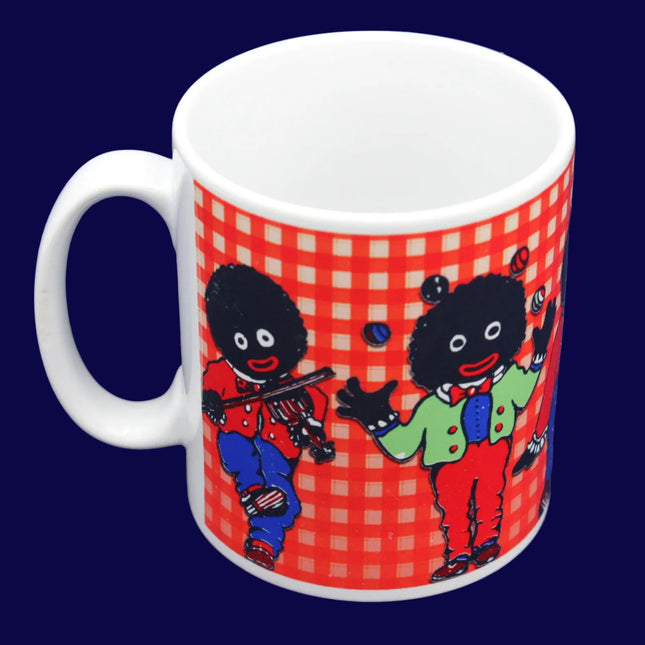 White mug with red checkered pattern featuring black figures on a blue background