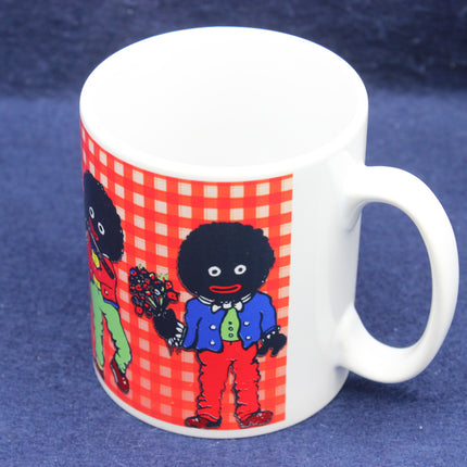 White mug with a red checkered pattern featuring cartoon characters on a blue background