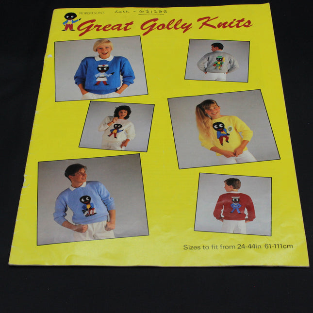 Vintage 'Great Golly Knits' knitting pattern book with images of children wearing knitted sweaters.