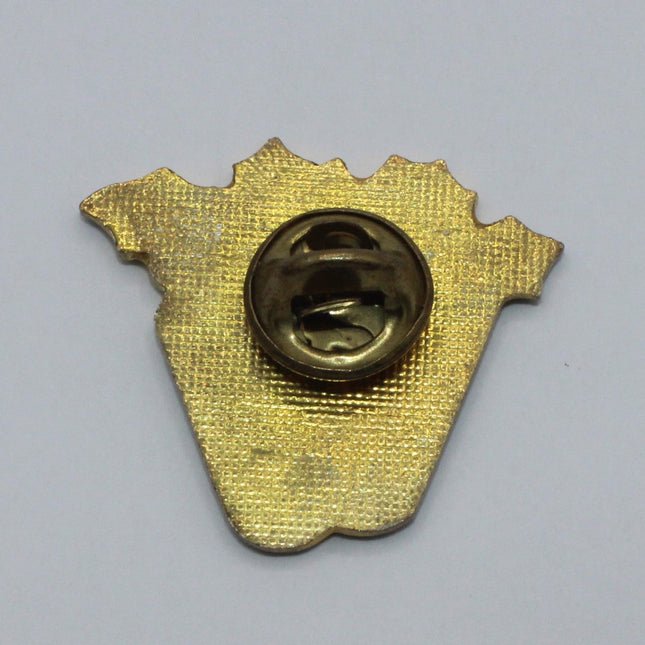 A small gold-colored metal pin or badge with a textured backing and a circular clasp, shown on a plain light gray background.