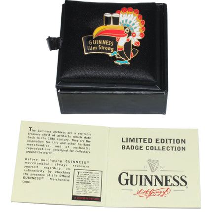 Guinness badge collection with packaging on a white background