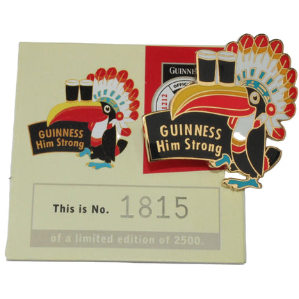 Guinness themed pin with a Native American design on a white background