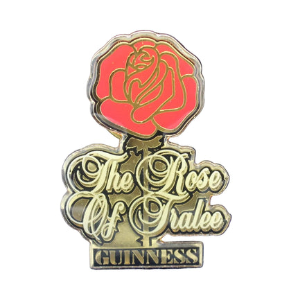 Pin with a rose design and 'The Rose of Tralee' text on a blue textured background