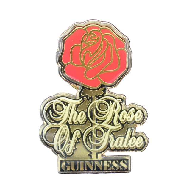 Pin with a rose design and 'The Rose of Tralee' text on a blue textured background