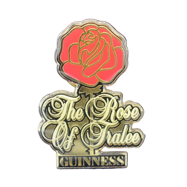 Pin with a rose design and 'The Rose of Tralee' text on a blue textured background