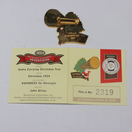 Gold-colored badge with a card featuring Guinness advertising history on a light gray background