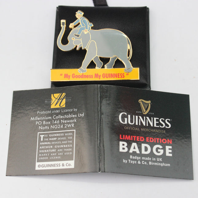 Guinness limited edition badge packaging with elephant design on a white background