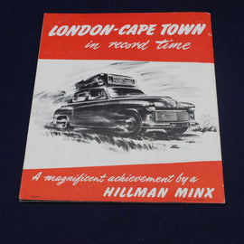 Book cover with a drawing of a car and text about a Hillman Minx achieving a feat from London to Cape Town.