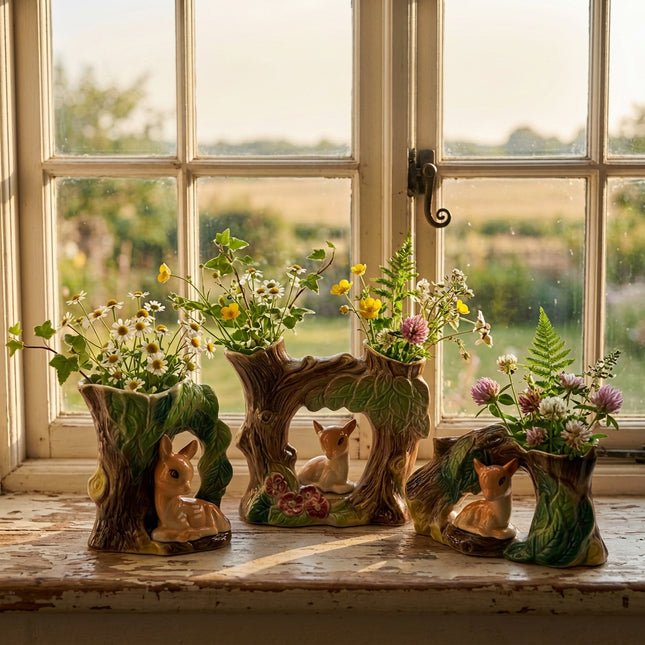 A ceramic woodland-themed planter or decorative piece featuring three stylized tree stumps with faux foliage and small painted deer figures, shown on a rustic wooden window sill.
