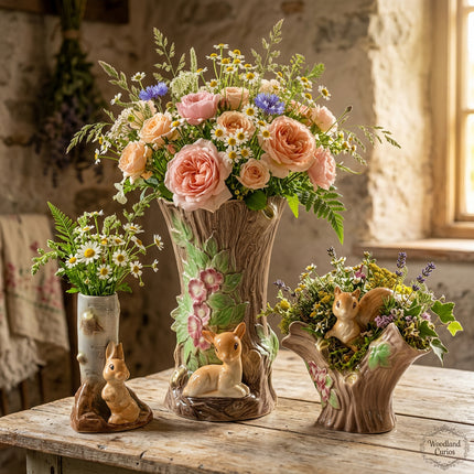 A ceramic woodland-themed set featuring a large tree trunk planter with a deer, a small cylindrical pot, and two squirrel figurines on a light gray background.