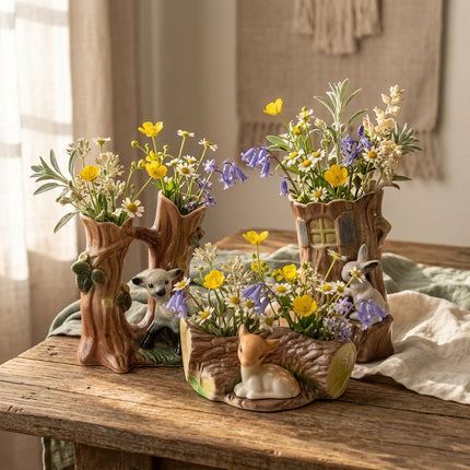 A Hornsea Pottery fauna series ceramic woodland-themed vase set shaped like tree stumps and logs, featuring a white lamb, a white rabbit, and a small orange-brown fawn figurine, photographed on rustic table.