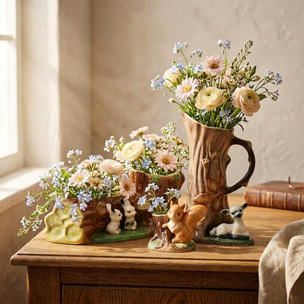 Hornsea Pottery Collection on a dark wood table displaying flowers