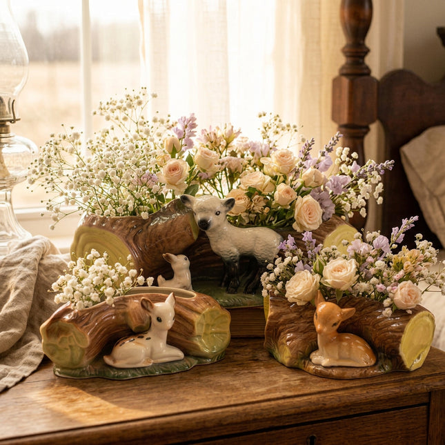 Three ceramic Hornsea Pottery Fauna Collection woodland deer and wolf planter pots shaped like log cross-sections, shown on a bedroom chest of drawers