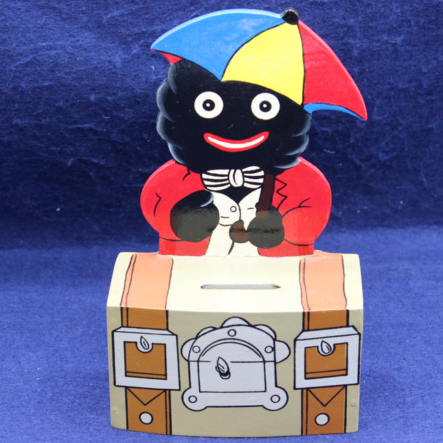 Wooden Golly Money Box – Holding Umbrella – Treasure‑Chest Design – 19cm Vintage