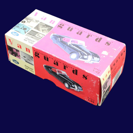 Vanguards model car box with a red and pink design on a gray background