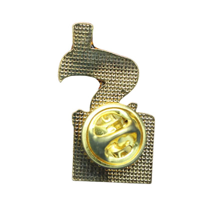 Gold-colored badge with a design on a blue textured background