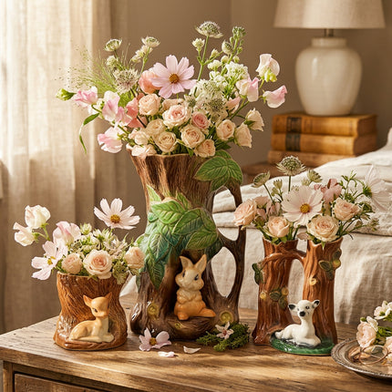A ceramic woodland-themed pitcher set shaped like tree stumps and trunks, featuring green leaves, animal figures including a rabbit, fox, and lamb, and a cream-colored interior, photographed on a light gray background.