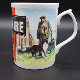 Mug with a vintage design of a man with dogs and a building on a label.