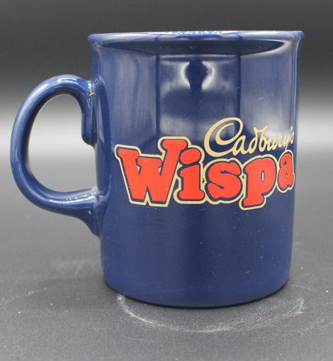 Blue mug with 'Cadbury Wispa' branding on a gray background